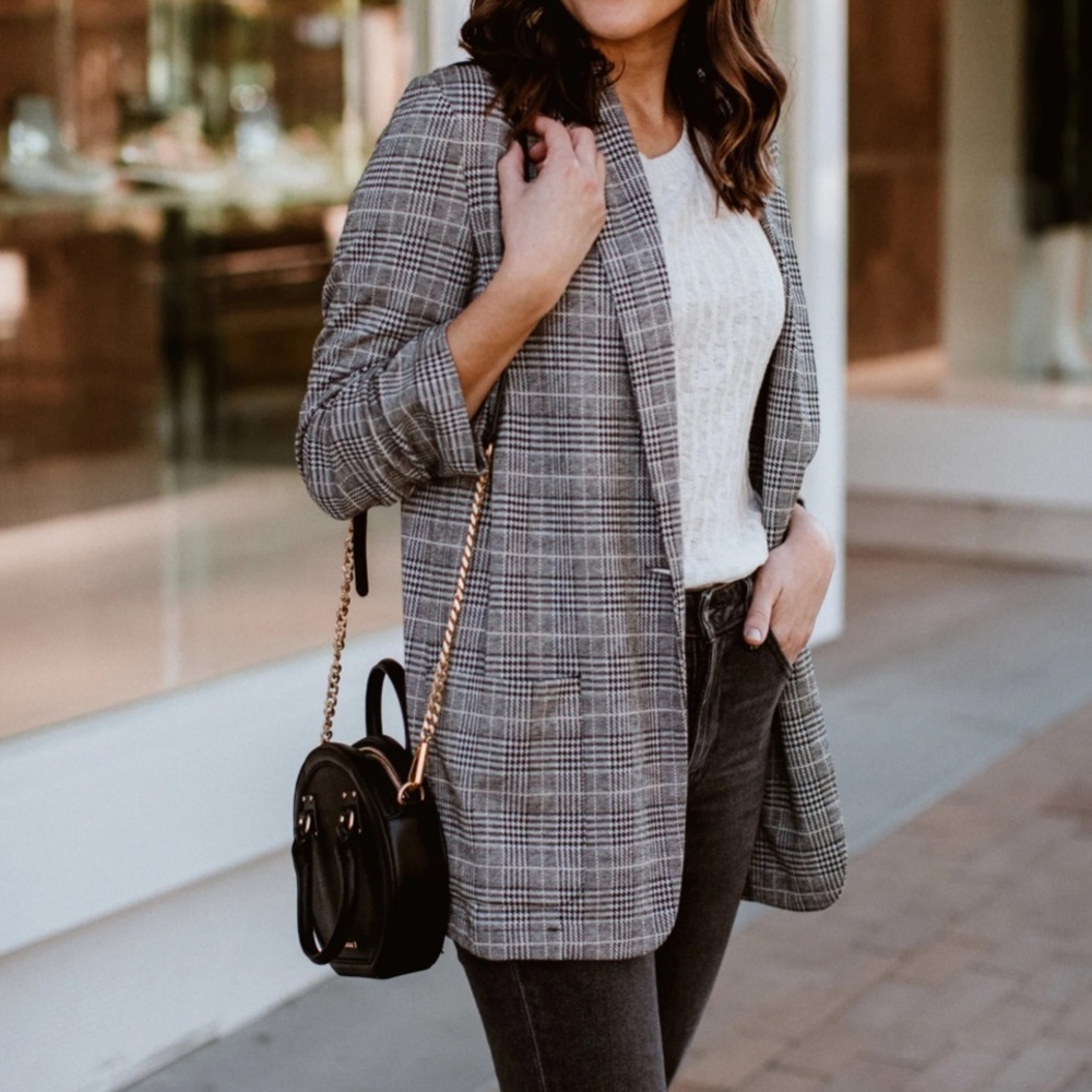 Max Studio Plaid Single Button Blazer Black White XL - Textured Ruched Sleeves
